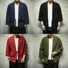 Herren Locker Japanisch Kimono Top Retro Hemd Strickjacke T-Shirt Tasche Bluse