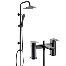 Matt Black Modern Square Bath Shower Mixer Tap & 3 Way Shower Rigid Riser Kit