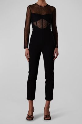 $401 Misha Women's Black Artemis Cropped Lace Crepe Jumpsuit Size 6