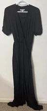 Grade & Gather Black Wide Leg Jumpsuit/ Romper V Neck Elastic Waist Belted 