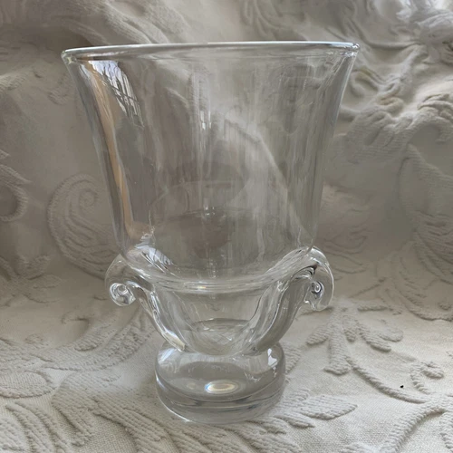 6'' A am STEUBEN SIGNED CRYSTAL VASE W/ SCROLL BASE