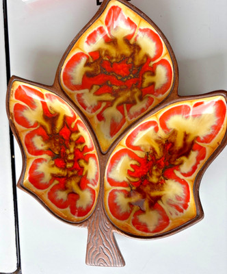 Vtg TREASURE CRAFT Hawaii Divided Leaf Dish #377 Retro MCM Orange Yellow EXC!