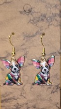 Dangle Plaid Cute Enamel Chihuahua Earrings .925 Sterling Silver Hooks