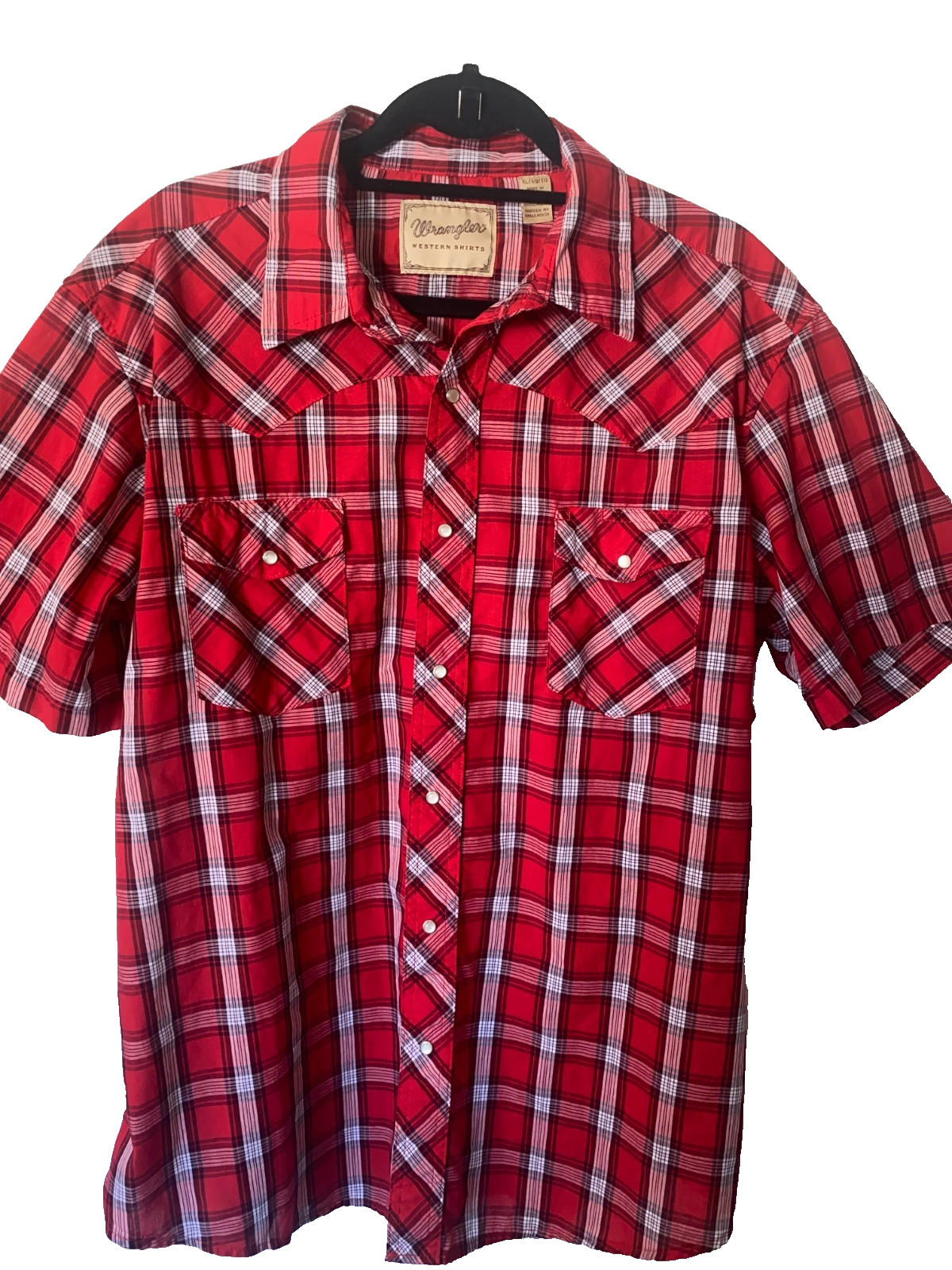 Men's WRANGLER Western Plaid Short Sleeve Snap Shirt Size XL RED Very Good