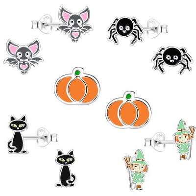 Kinder Ohrstecker  Silber 925 Halloween Damen Ohrringe Kürbis Hexe Spinne Vampir