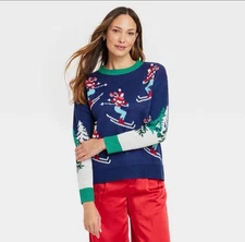33 Degrees Ugly Christmas Sweater XS Blue Ski Knit Holiday Pullover NWT
