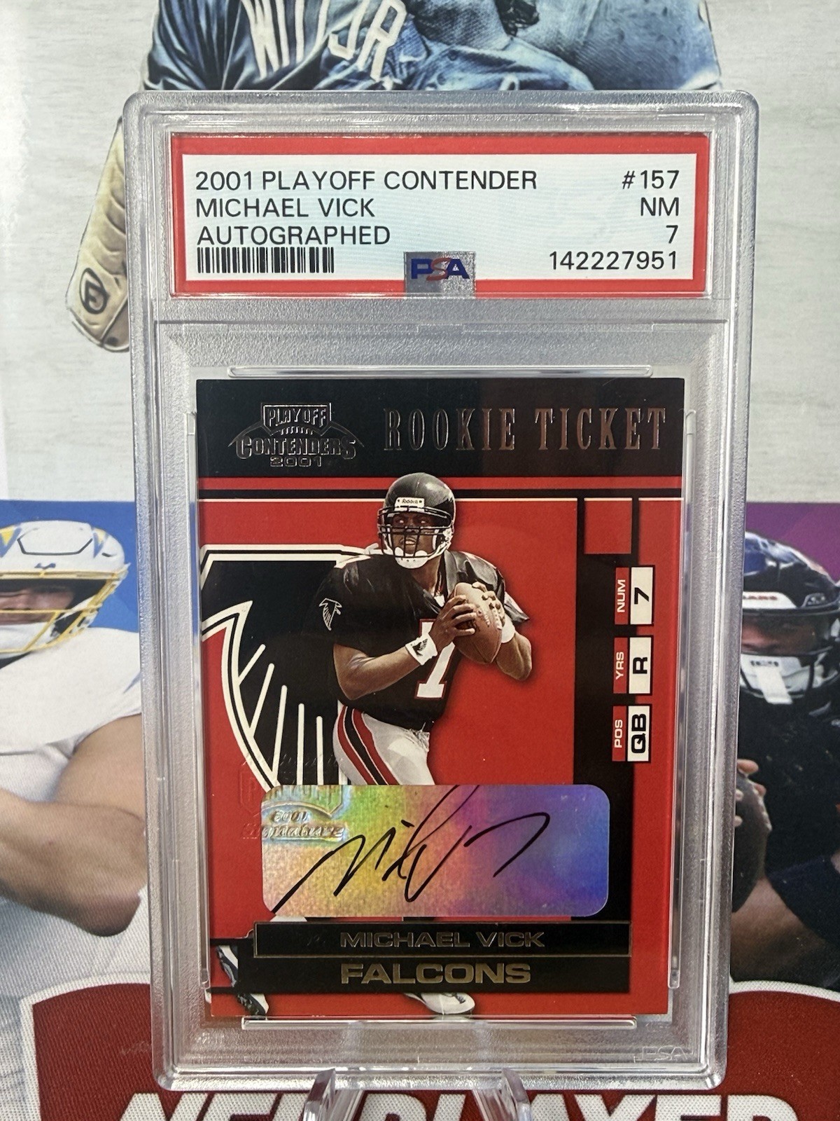 2001 Playoff Contenders Michael Vick Auto Rookie Ticket PR:327 PSA 7- Jersey #