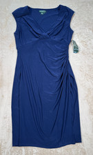 NWT Lauren Ralph Lauren 14 Sheath Dress Blue V-Neck Sleeveless Ruched Knit