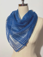 Sheer Blue Asian Basketweave Woven Pattern Square Scarf Vintage