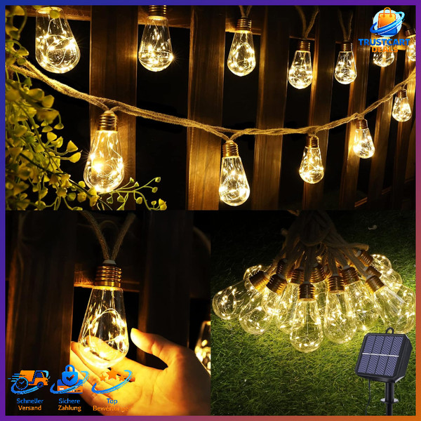 Solar Lichterkette AußEn 16 GlüHbirnen 6,4M Wetterfest Warmweiß Vintage Garten-image