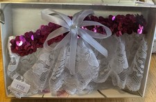 New Jamie Lynn White Lace Fuchsia Sequins White Bow Garter Wedding