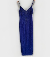 Vtg Scala 100 Silk Long Blue Beaded Gown DAMAGED 90s Y2K Zip Back Slit Size 10