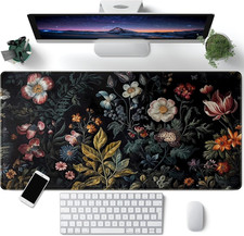 Floral Desk Mat Dark Vintage Aesthetic Desk Pad Flower Plant Black Extended Mous