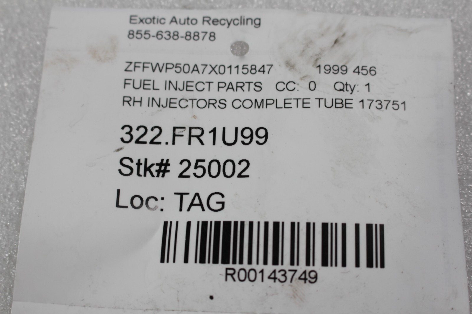 Ferrari 456 M, RH, Right, Fuel Rail, W/ Injectors, Used, P/N 173751