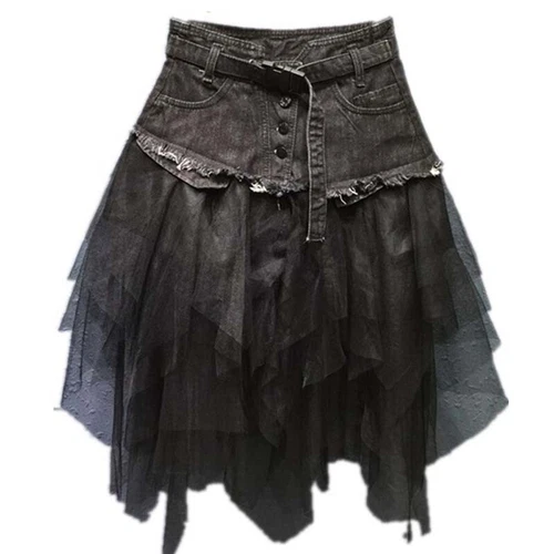 Women Denim Mesh Splice Skirt High Waist Asymmetric Frill Tulle Gothic Chic Slim - Picture 8 of 10