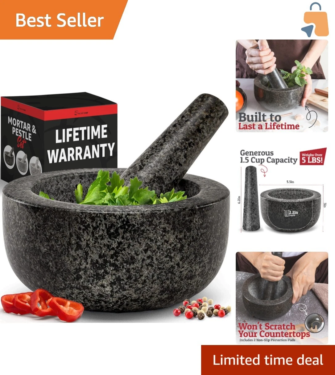 Sturdy 1.5 Cup Granite Mortar and Pestle Set - Ideal for Fresh Salsa and Pesto
