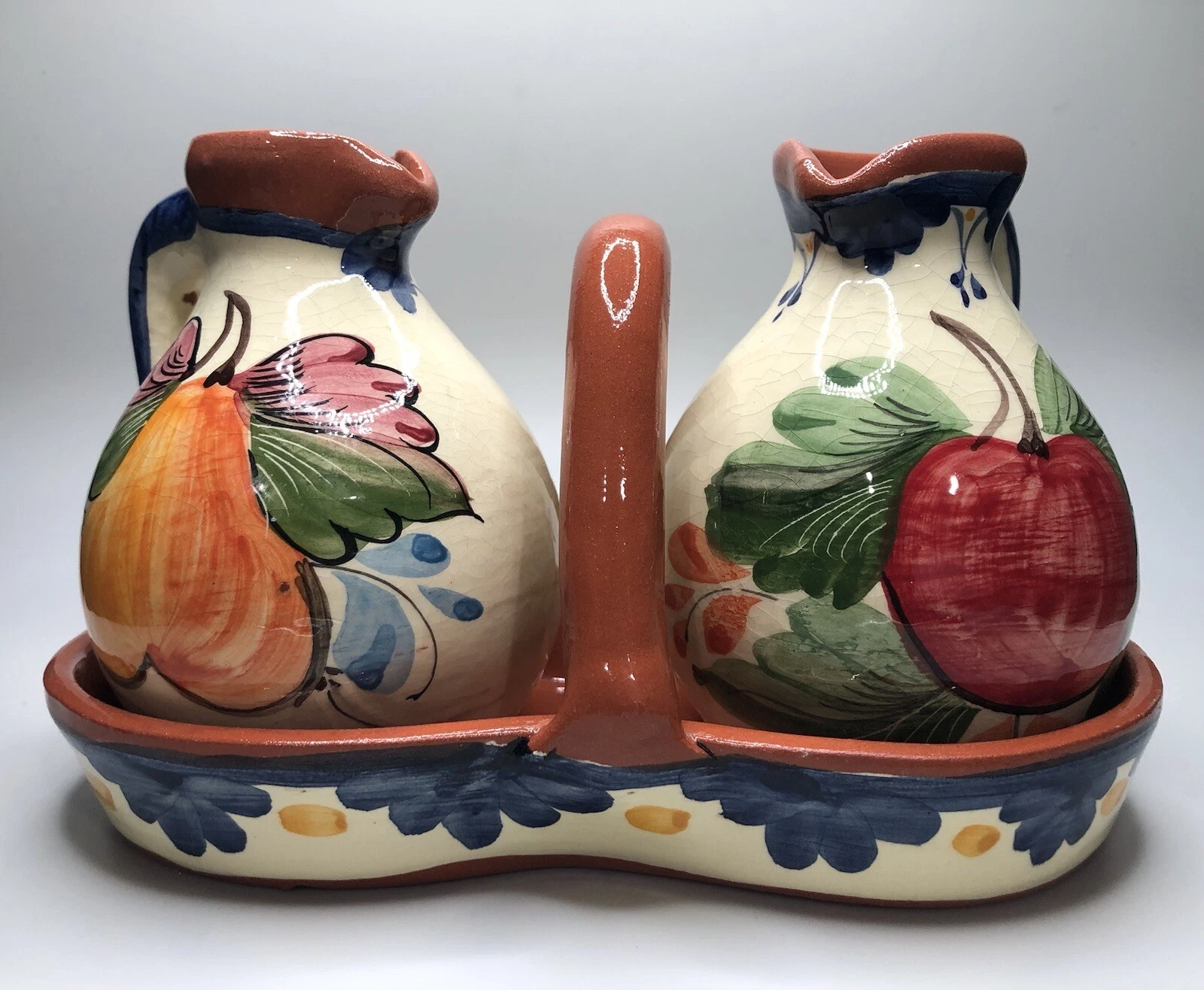Oil and Vinegar Set with Caddy Tray Hand Painted Pear, Apple Pottery
