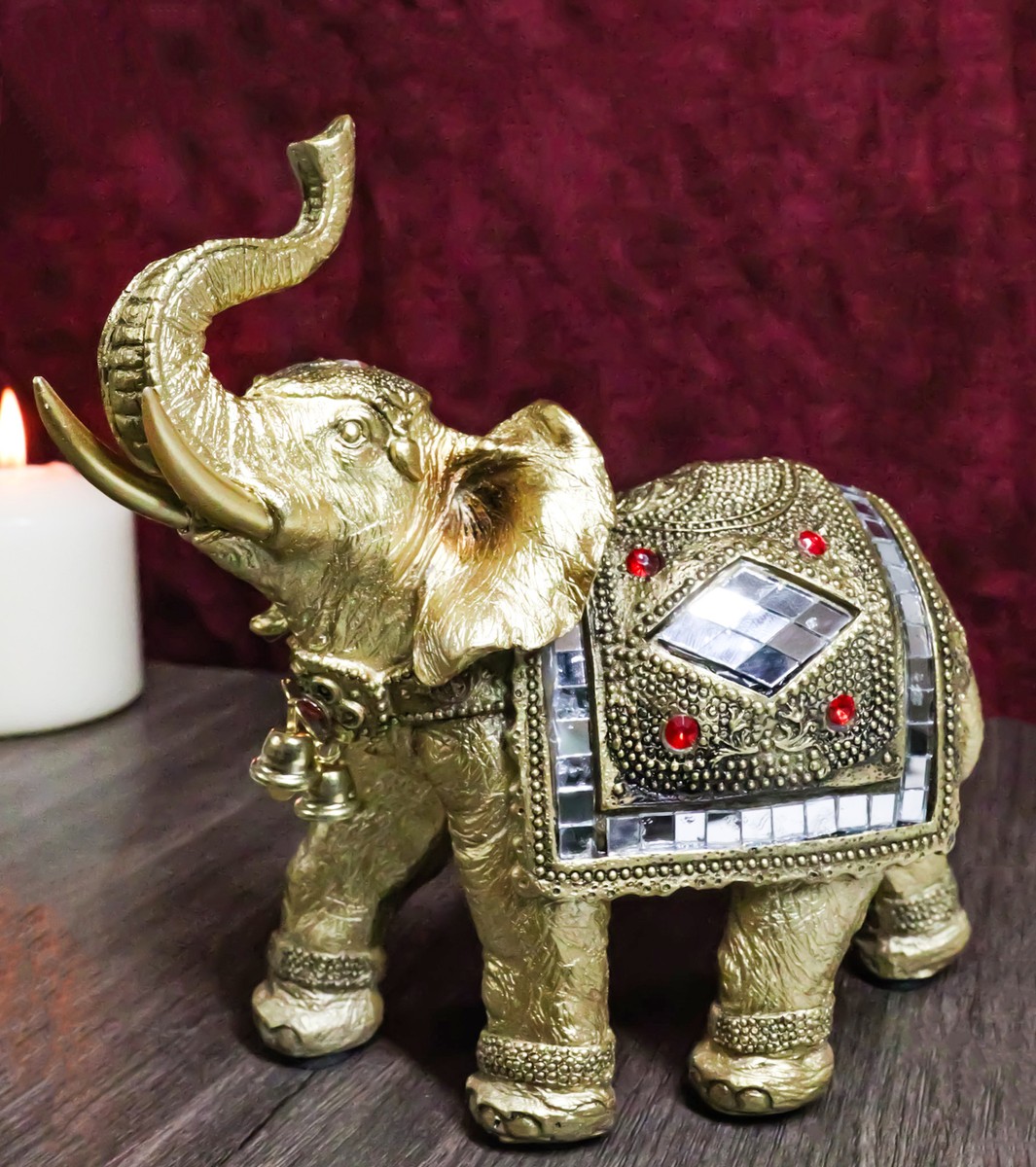 Golden Feng Shui Trunk Up Elephant With Gemstones Bullhook