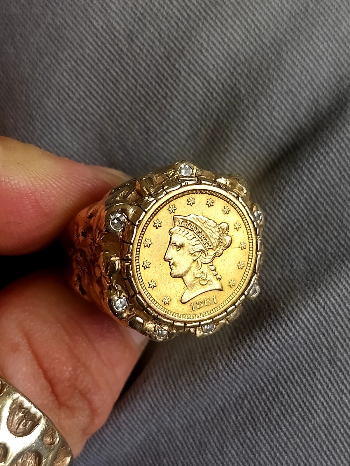 1861 2.5 Dollar Gold Coin Ring 14k Gold W/ Diamonds… Gem