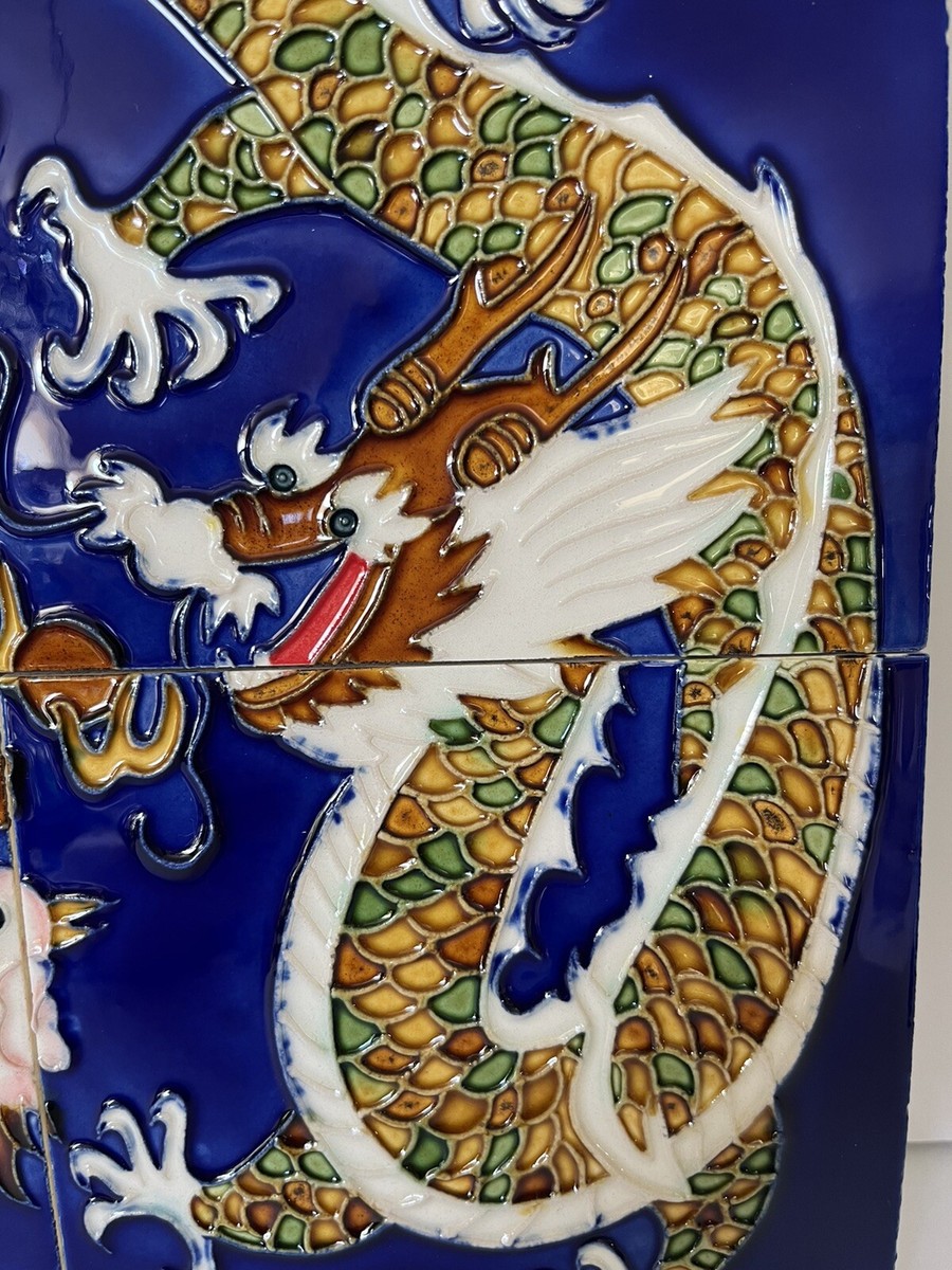 4 VINTAGE FRAMED BLUE CERAMIC JAPANESE TILES- DRAGON & THE PHOENIX