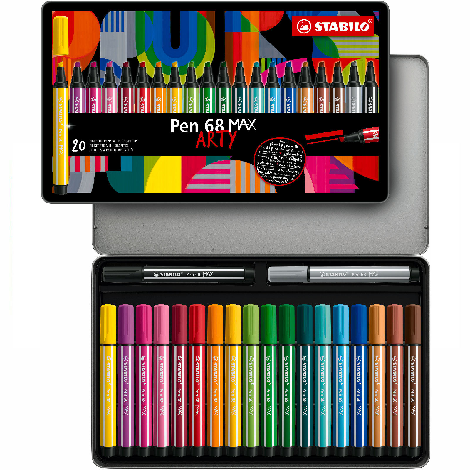 Premium Fibre-Tip Pen with Chisel Tip - STABILO Pen 68 MAX - ARTY - Tin of 20