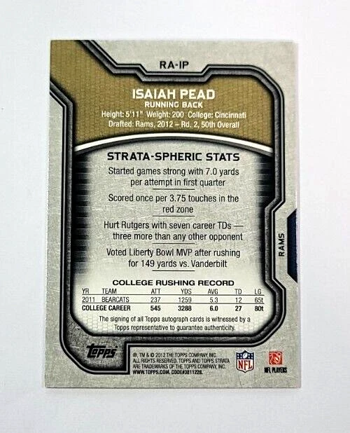 2012 Topps Strata Isaiah Pead Auto Rookie /75 #RA-IP - Image 2 of 2