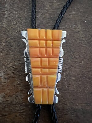 Native American Indian Navajo Large Bolo Tie Rough Orange Spiny Inlay Ties #B