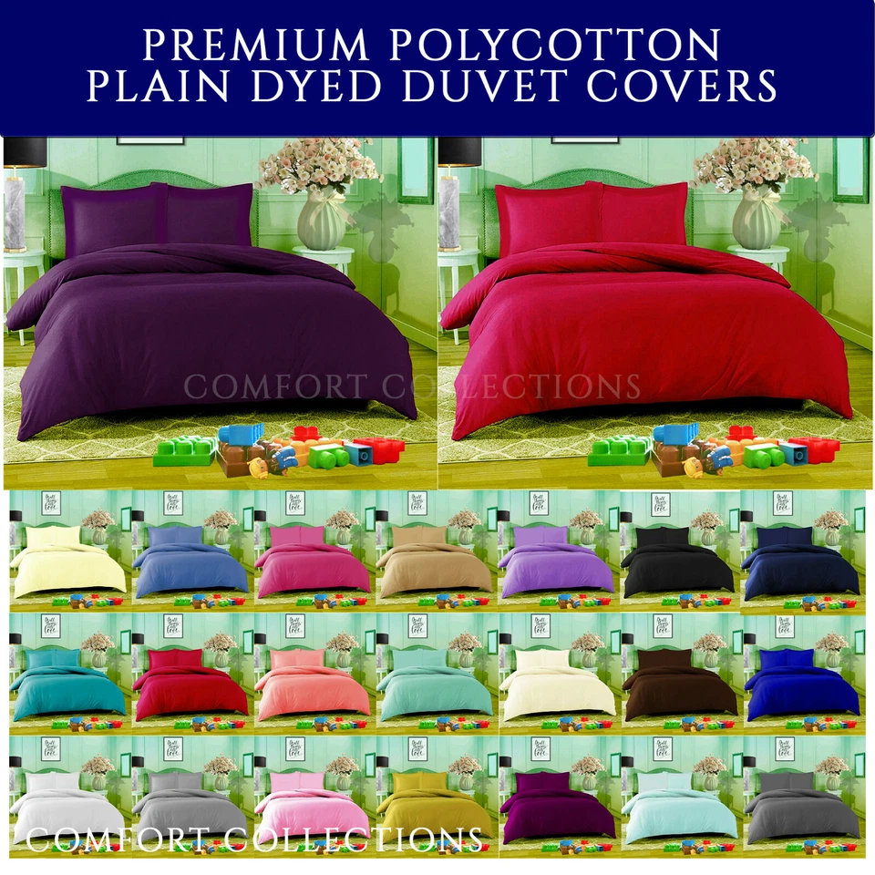 Polycotton Duvet Quilt Cover With Pillowcase Plain Dyed Bedding Set Single Size
