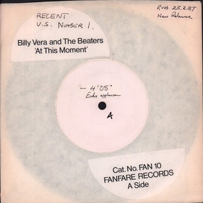 Billy Vera and the Beaters At This Moment 7'' vinyl UK Fanfare 1987 White label