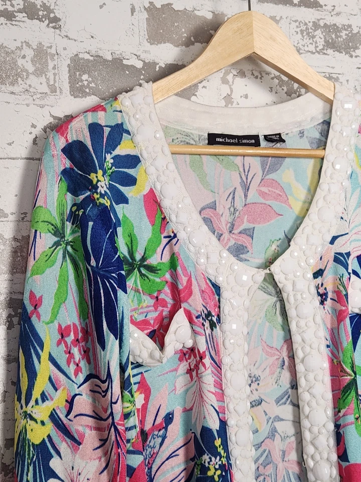 Cárdigan suéter tropical colorido con cuentas Michael Simon para mujer pequeño grande de colección Foto 3 de 4