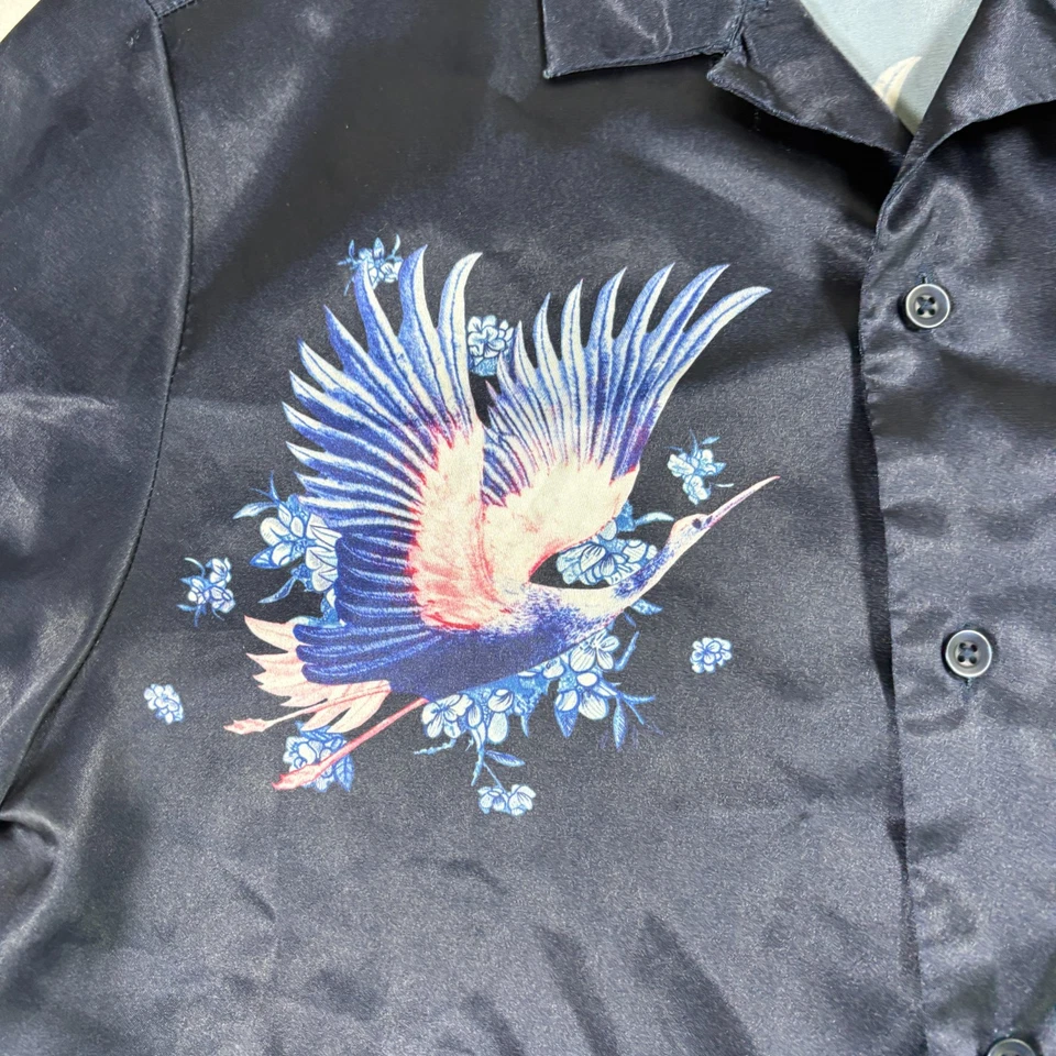 Camisa masculina Topman cetim preto bordada pássaro tamanho pequeno Y2K 90 festival grunge - Imagem 3 de 4