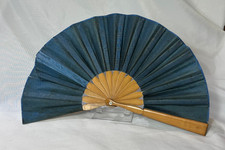 Vtg Blue Silk Folding Fan Moir  Telescoping MOP Rivet Bamboo Sticks/ Guards