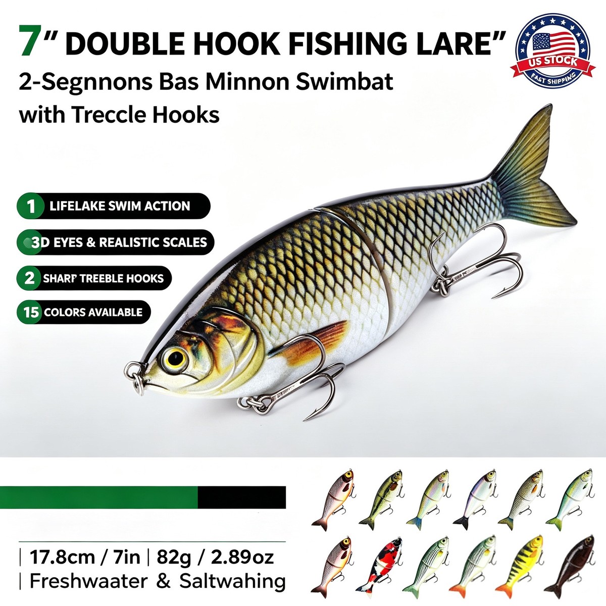 7" Double Hook Swimbait Lure Bass Minnow Crankbait Fishing Tackle for Freshwater