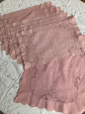 Vtg Maderia Style Cutwork Table Runner w/ 7 Matching Placemats Pink Dusty Rose