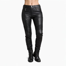 Black Leather Biker Pants for Women | Quilted Knee Moto Riding TrousersBlack 