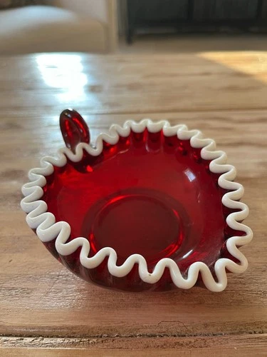 Fenton Glass Ruby Red Snow Crest Heart Shaped 8" Bon Bon Trinket Dish Valentine