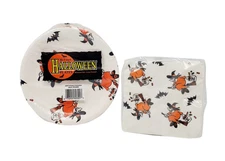Vintage Halloween Flying Witch Paper 7" Plates & Napkins Bats Trick Or Treat NOS