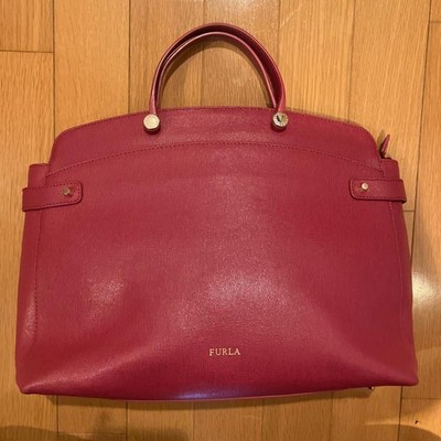 FURLA Agata Red Leather Handbag L Used Excellent From Japan
