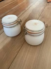 2 VINTAGE MILK THICK GLASS JARS CANISTER BALE WIRE CLAMP LOCK RUBBER SEALED LID