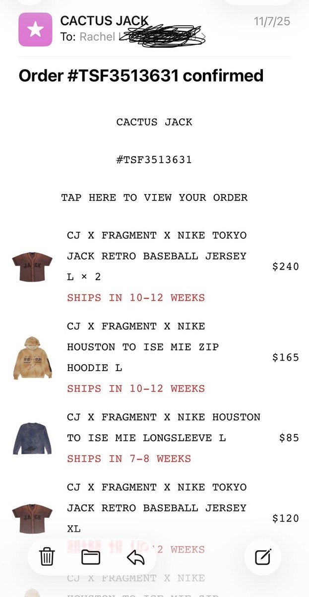 NWT Sz L Travis Scott Cactus Jack x Fragment x Nike Houston Long