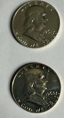 2  GOOD CONDITION FRANKLIN  SILVER HALF DOLLARS - 1961, 1963 CIRCULATED