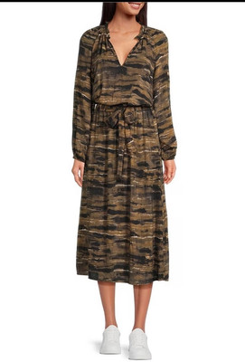 Anthropology Cloth & Stone Ruffled V-Neck Animal Print Belted Midi Dress Size M