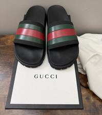 Gucci Mens Black Rubber Slide Sandals Striped...