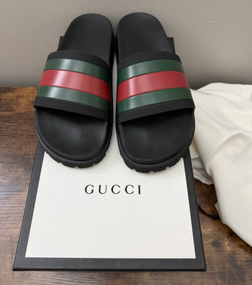 Gucci Men's Black Rubber Slide Sandals Striped Accents US Size 9
