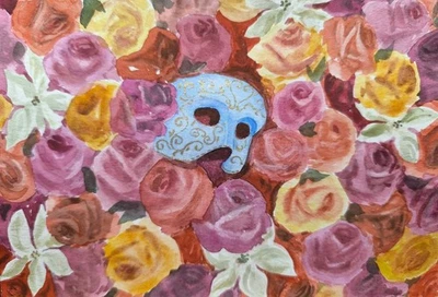 ITALY Venice MASK GOLD MASQUERADE Original Artwork Painting Flowers PINK ROSE A5 - Image 1 of 4