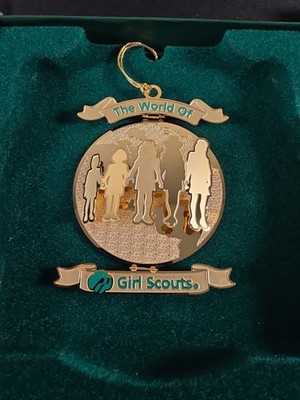 Vintage World Of Girl Scouts Donation Gift Gold Tone Ornament 