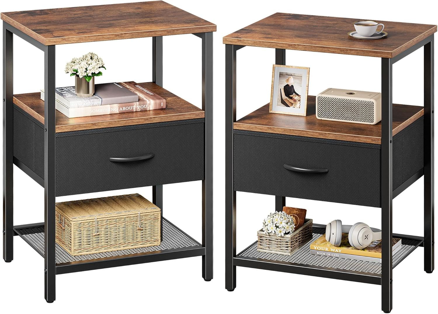 Nightstand Set of 2 with Fabric Drawer and Mesh Shelf, Modern Side Table for Bedroom-image