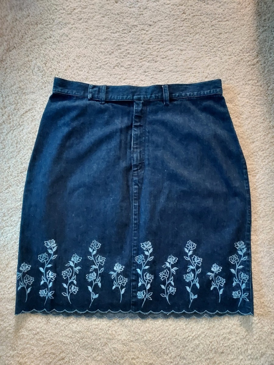 Liz Claiborne Jeans Embroidery Floral Dark Blue Jean Skirt Women