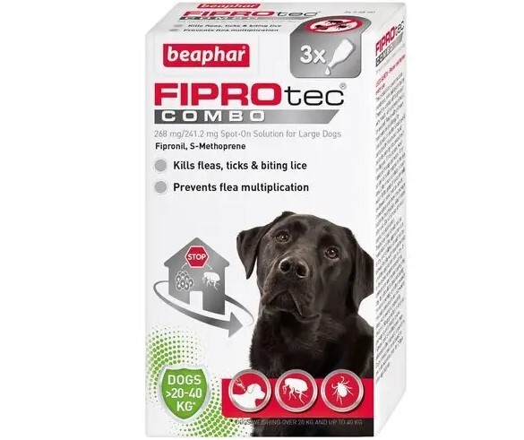 Beaphar Dog FIPROtec COMBO Flea & Tick Spot Treatment 20-40kg Dogs - 3 Pipettes