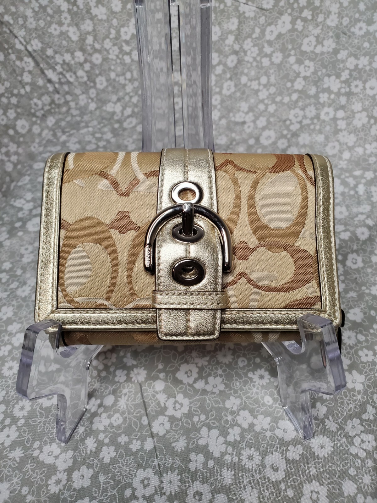 Coach Wallet Trifold Metallic Gold Beige Satin Signat… Gem